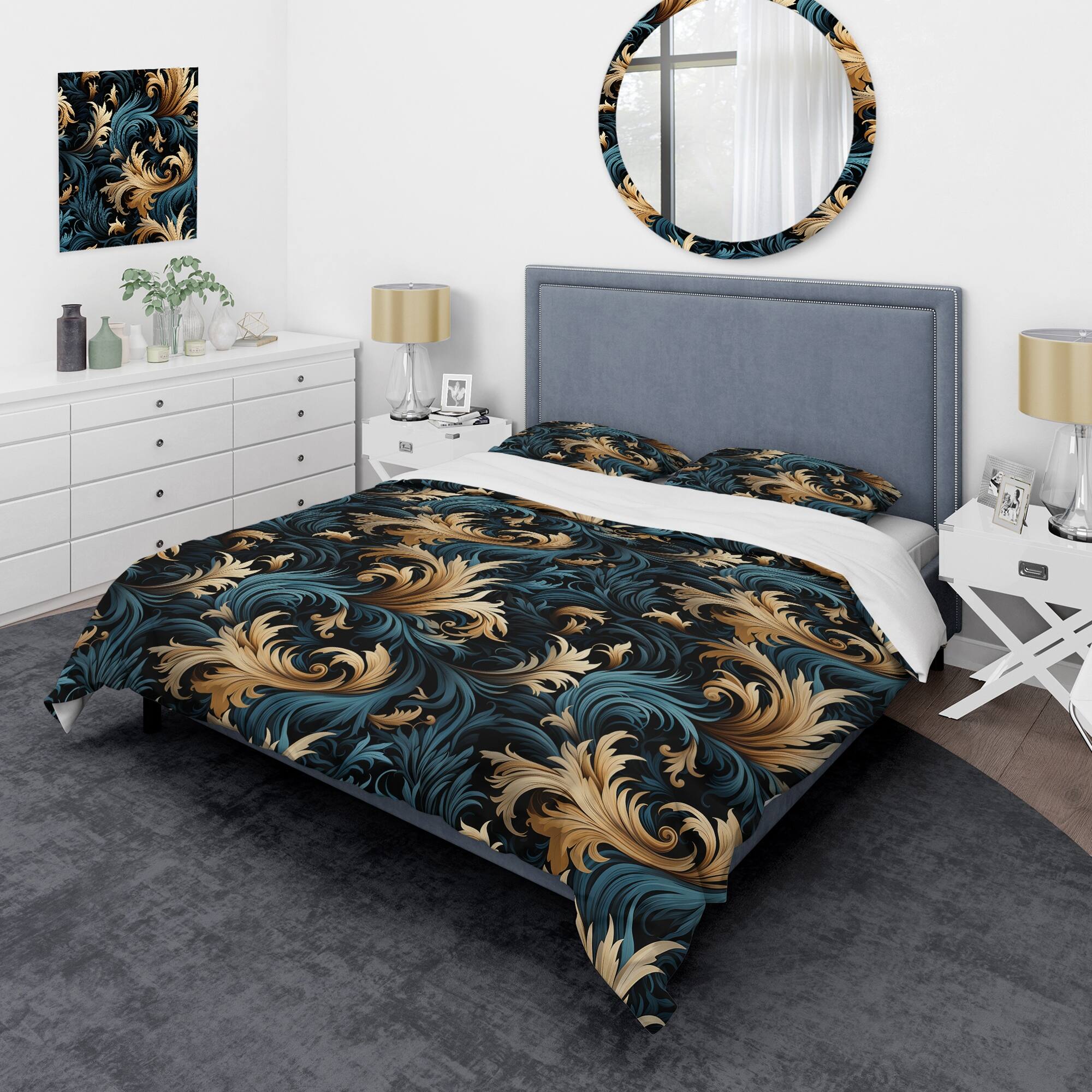 Designart "Damask Black And Golden Calligraphy Flourishes" Damask bed cover set with 2 shams
